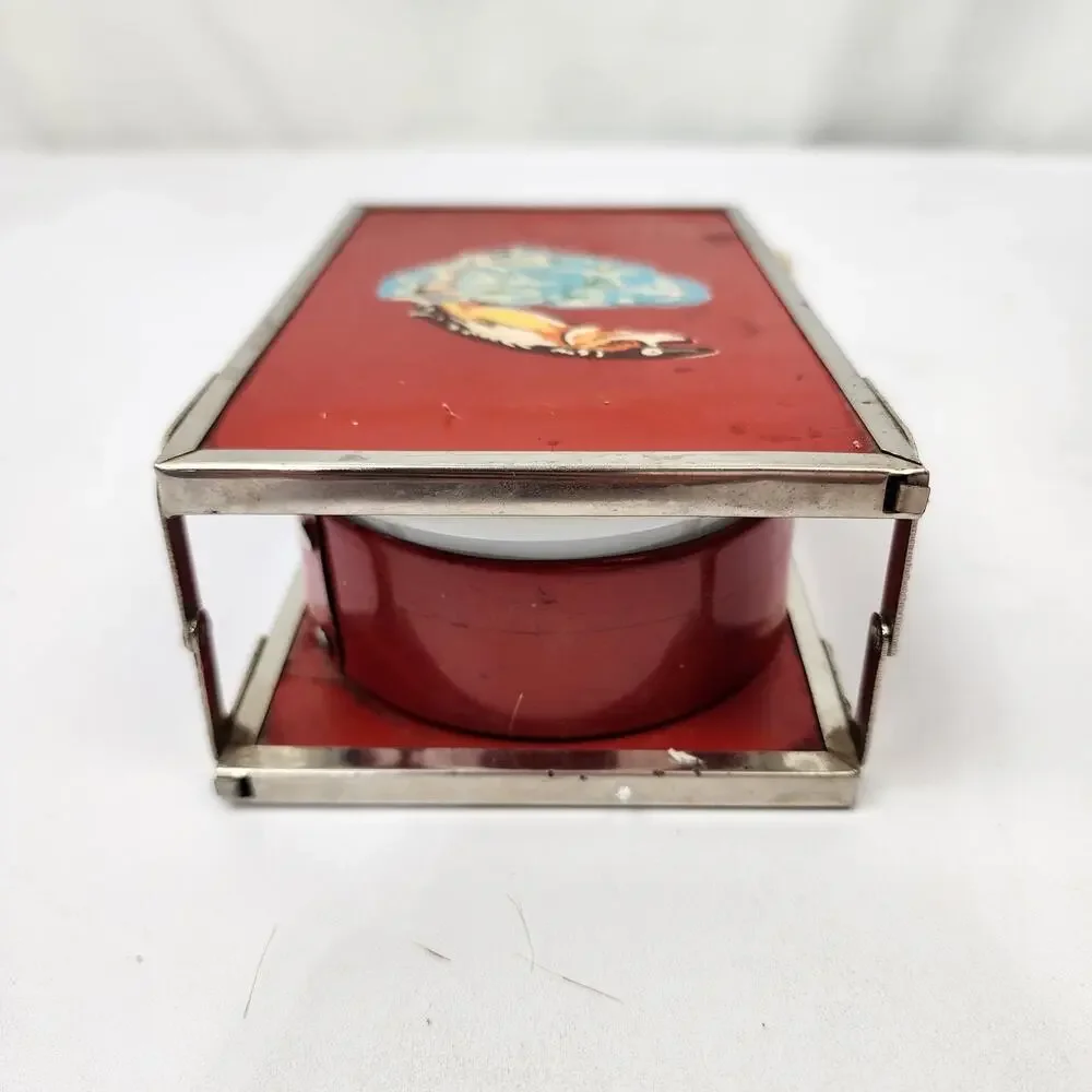 Vintage Red Metal Folding Travel Shaving Kit w/ Brush Bowl & Mirror Fish / Water